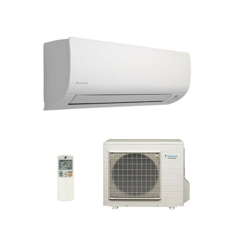 A Daikin wall-mounted air source heat pump split system shown with its outdoor condenser unit and remote control on a white background