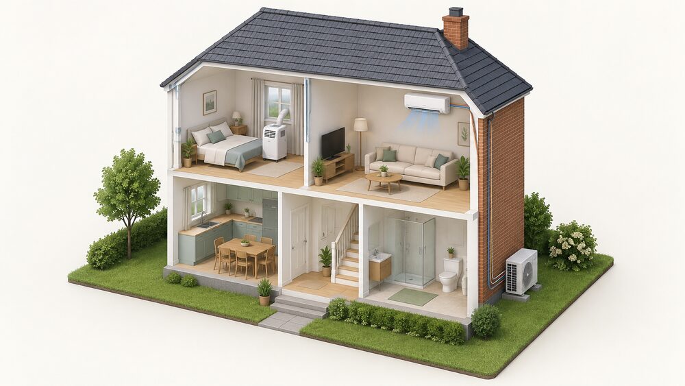 A cutaway of a small house showing a wall-mounted split air conditioning indoor unit high on a living room wall, refrigerant pipework passing through the external wall to a single outdoor unit standing on the ground outside, with a portable wheeled unit with a hose to a window in another room.