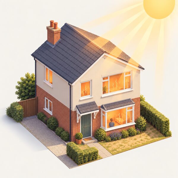 A detached UK home under a blazing sun in a heatwave, with strong sun rays beating down on its roof and large windows, drawn as a simple isometric scene with no cooling equipment present.