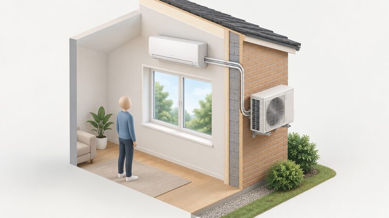 A cutaway view of a home exterior wall showing a slim wall-mounted indoor unit fixed high above a window inside, with refrigerant pipework passing through the wall to a single outdoor unit mounted on the outside wall, one simplified figure standing below indoors.
