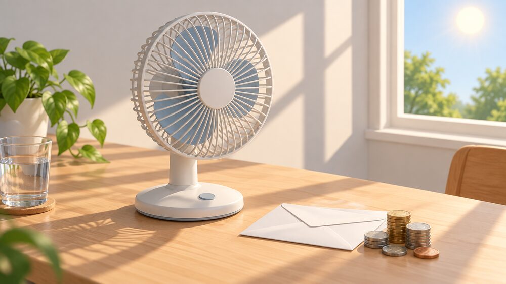 A small portable electric desk fan stands on a table beside a blank envelope and a loose stack of coins, with strong sunlight falling across the tabletop from a window, suggesting a hot summer day and the cost of keeping cool.