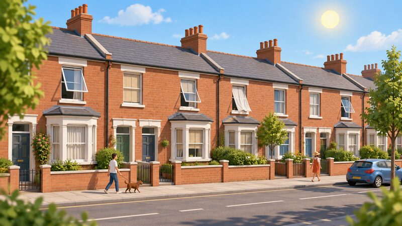 A terraced street of brick UK houses on a hot summer day, with some windows open and blinds or curtains drawn against the sun, under a bright sky.