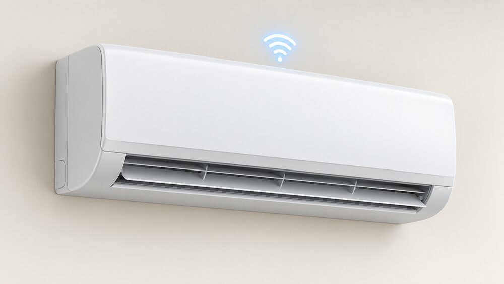A white wall mounted air conditioning indoor unit fixed high on an interior room wall, shown close up with its louvered front panel and a small WiFi signal glow above it, nothing else in the frame.