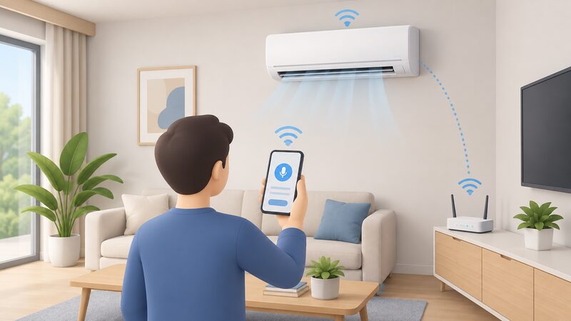 A wall mounted air conditioning indoor unit fixed high on a living room wall, with a person below holding up a smartphone whose screen shows a plain voice assistant app interface, connected via the home WiFi network.