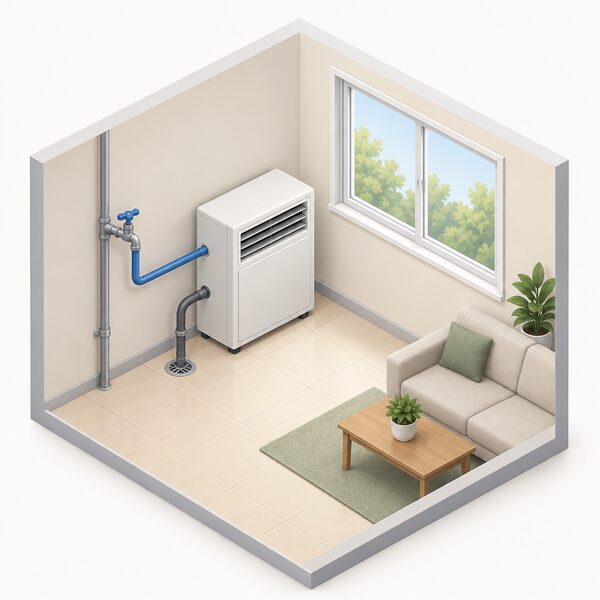An isometric room scene showing a water-cooled air conditioner unit plumbed to a permanent water supply pipe and to a waste connection running down to a drain, with the wall and window completely intact and no duct or air vent penetrating anywhere.