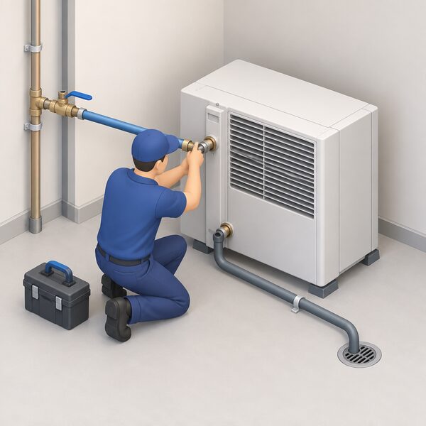A plumber kneeling beside an indoor water-cooled air conditioner unit, connecting a supply pipe from the mains water pipework to the unit's inlet and a waste pipe from its outlet to a nearby drain, the per-property plumbing work being quoted.