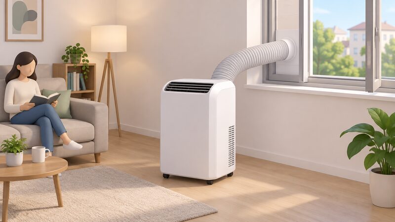A single monobloc air-conditioner box standing on the floor of a plain flat room, with one flexible duct running from its top to a kit fitted in the open window, and no outdoor unit anywhere.