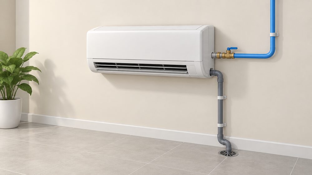 A close-up of a single indoor water-cooled air conditioner unit mounted on a room wall, with a mains water supply pipe entering it and a waste pipe running from it down to a drain, and no duct, window kit or outdoor unit anywhere.