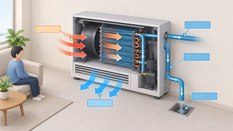 A cutaway diagram of a water-cooled air conditioner unit in a room, with arrows showing warm room air flowing across an internal coil and a separate water circuit of pipes carrying the heat away down a pipe to a drain, with no outdoor coil shown.