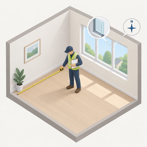 A surveyor with a tape measure stands in a plain domestic room, measuring the floor while holding a clipboard, with a large window whose glazing and compass orientation he is noting before sizing a cooling unit.