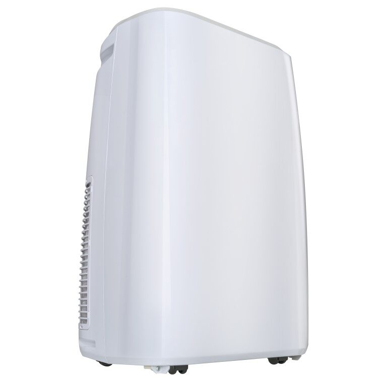 A white electriQ portable air conditioner and heater unit shown from the side on castors