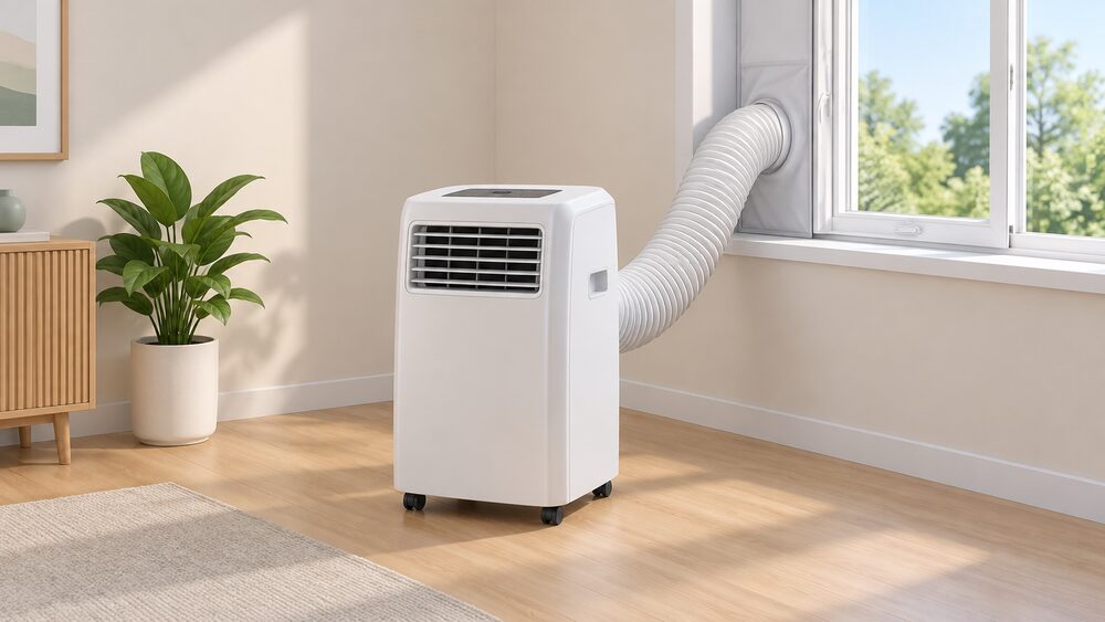 A portable air conditioning unit on castors standing in a room, its flexible exhaust hose running from the back of the unit up to a window sealing kit fitted in an open sash window beside it.