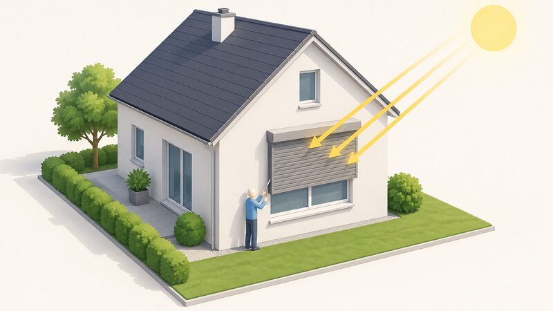 An isometric view of a house with a south-facing window fitted with an external blind lowered on the outside of the glass, with sun rays shown striking the blind and being stopped before reaching the window, and a simplified figure adjusting the blind from outside.