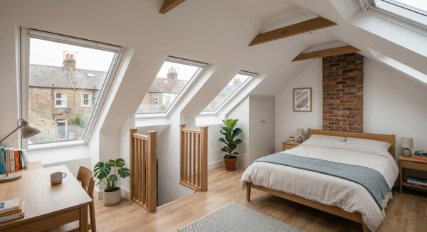 A bright converted loft bedroom with roof windows, exposed brick chimney, wooden beams and a bed