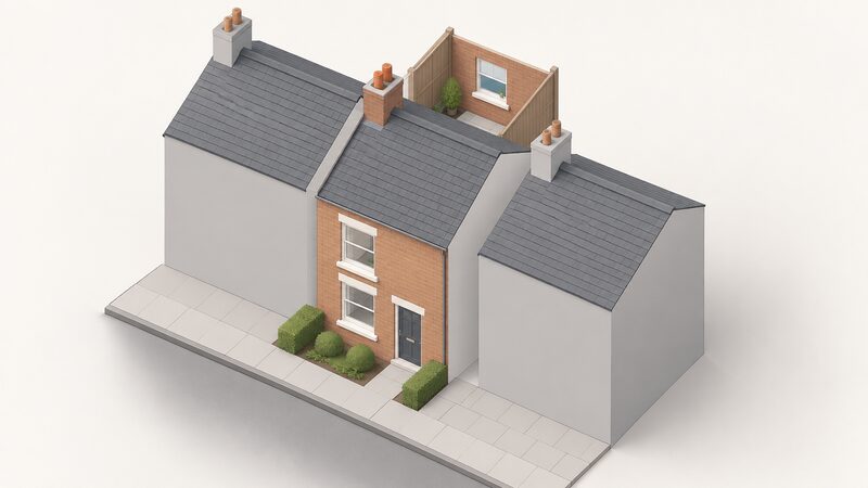 A simplified isometric view of a mid-terraced house in a continuous row, with plain party walls shared against the neighbouring houses on both sides, leaving only the front elevation with a window and door and the rear elevation with a window exposed for heat loss and cross ventilation.