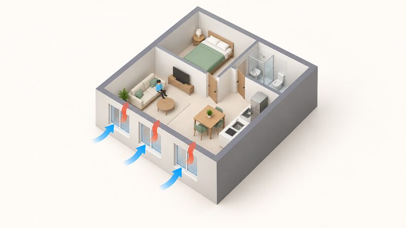 An isometric cutaway of a single-aspect flat showing windows on one elevation only, with the other three walls blank, and arrows showing air entering and leaving through the same side so no cross-ventilation route crosses the home.