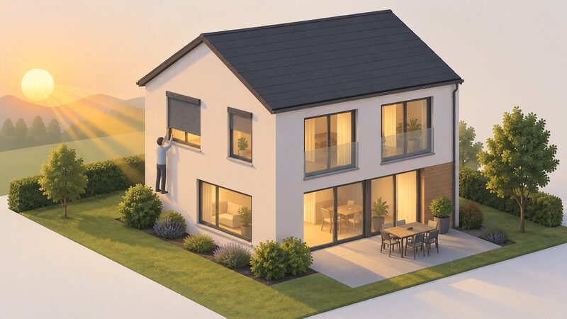 A simplified isometric house shown from its south-west corner, with the sun low in the late-afternoon sky casting rays onto the west-facing windows and the south-facing windows, and a small figure drawing an external blind down over one west window.