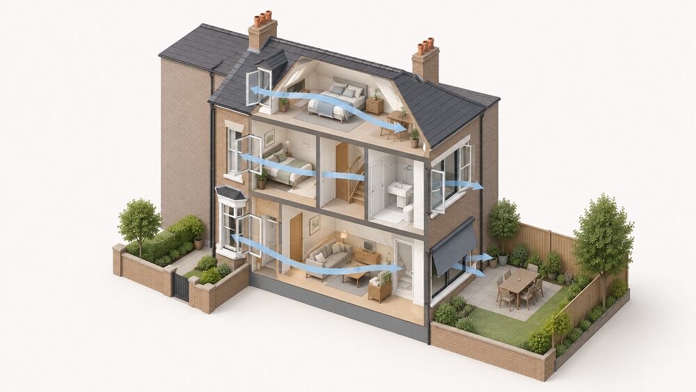 A cutaway of a mid-terraced house standing between two neighbouring party walls, showing a converted roof room under the slopes of the roof at the top and a large west-facing window on the rear elevation fitted with an external blind, with open windows allowing cross ventilation front to back.