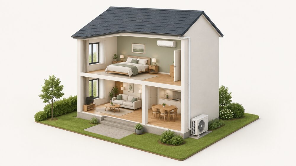 A cutaway house showing a wall-mounted indoor air conditioning unit in a room, an outdoor unit standing on the ground outside, and the small refrigerant pipe run between them routed along the outside wall and fully covered in insulation along its whole length.