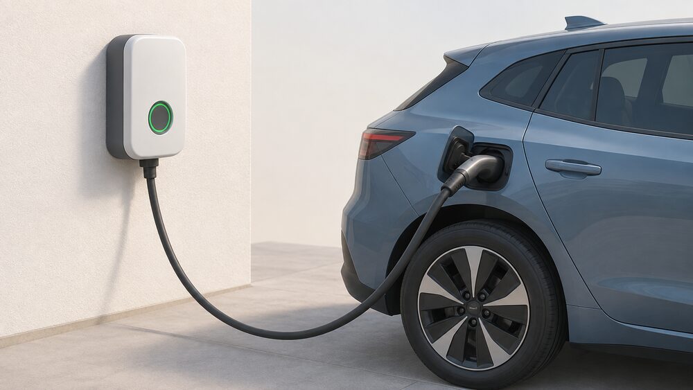 A wall-mounted bidirectional electric vehicle charge point on an outside wall beside a driveway, its cable running to a parked electric car with a CHAdeMO-style connector, drawn close up with nothing else in the scene.