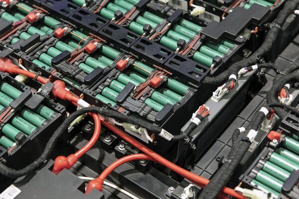 A close-up of an electric vehicle battery pack with rows of green cylindrical cells, cabling and connectors