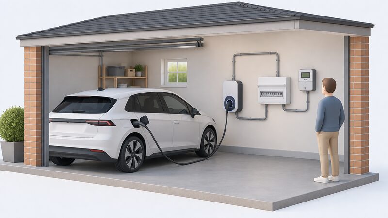 A cutaway domestic garage wall showing a bidirectional wallbox chargepoint with its cable plugged into a parked electric car, and nearby on the same wall the consumer unit with its breakers and the smart meter, all linked by visible conduit runs.