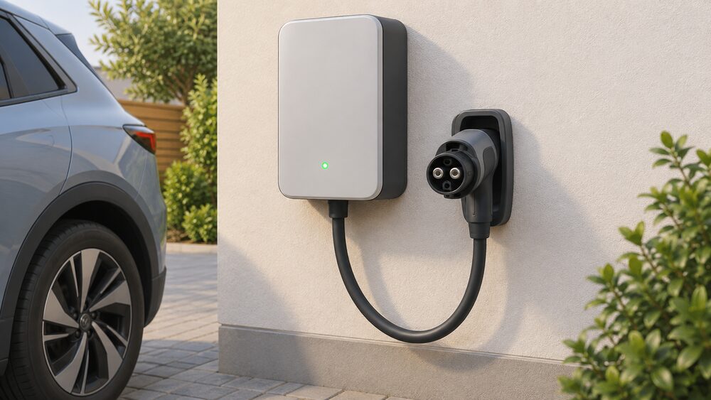 A close-up of a wall-mounted bidirectional EV charger box on an outside wall beside a driveway, its cable hanging in a holstered holder ending in a large round CHAdeMO DC connector plug, with a small green indicator light glowing on the charger's plain front panel.