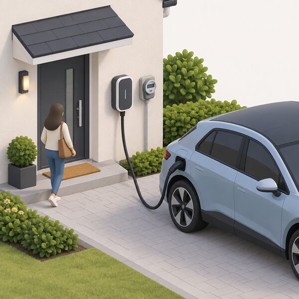 A small wall-mounted bi-directional V2G chargepoint beside a house front door, looking like an ordinary home charger, with a tethered cable plugged into an electric car on the driveway and a smart meter on the outside wall nearby.