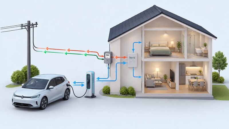 A simplified cutaway diagram of a house with an electric car beside it connected through a bidirectional chargepoint, with arrows showing power flowing from the grid to the car, from the car to the home behind the meter, and from the car back out to the grid across the meter.