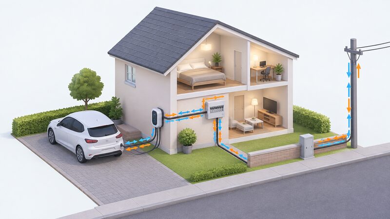 A simplified cutaway diagram of a house with an electric car on the drive connected by a cable to a bidirectional wallbox on the wall, with plain arrows showing power flowing into the car and back out through the wallbox to the house consumer unit and onward to the street electricity supply.
