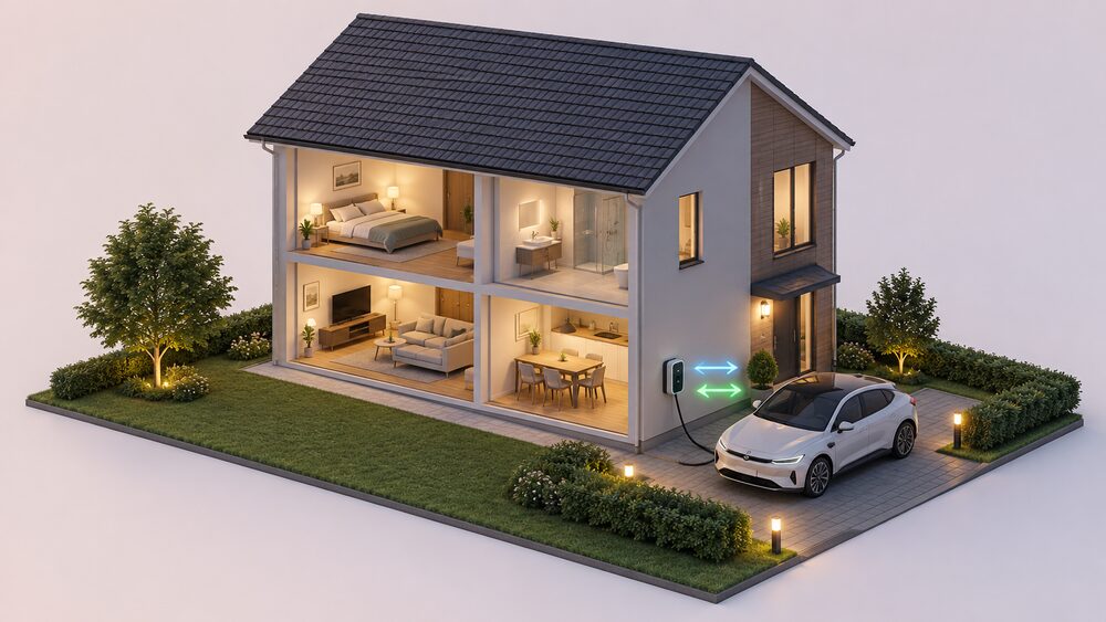 A cutaway house at dusk with an electric car parked on the drive, connected by a cable to a bidirectional wall-mounted chargepoint on the external wall, with energy flowing two ways between the car battery, the chargepoint and the house wiring.