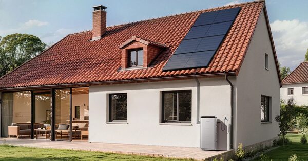 A house with solar panels on the tiled roof and a wall-mounted home battery on the exterior wall