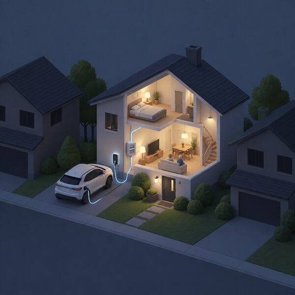 A small isometric house with an electric car on the driveway connected by a charging cable to a wall-mounted bidirectional charger on the outside wall, with a cable running from the charger into the house to power its lights while neighbouring houses stay dark during an outage.