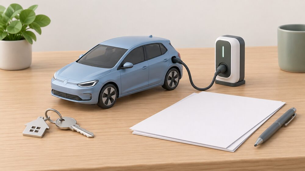 A small model of an electric car connected by a charging cable to a model wallbox charge point, arranged on a table beside blank paperwork and a house key, representing a household weighing up charging options.