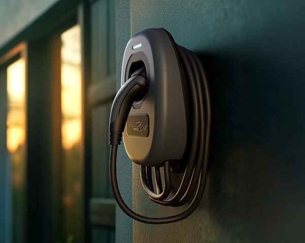 A wall-mounted Sync Energy EV charge point with a coiled cable and plugged-in charging connector on a house exterior at dusk