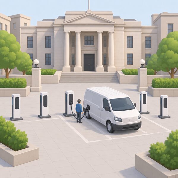 A small simplified figure stands beside one of five bidirectional chargers installed in the forecourt of Islington Town Hall, its cable connected to an electric van, shown as a trial demonstration site with the civic building behind.