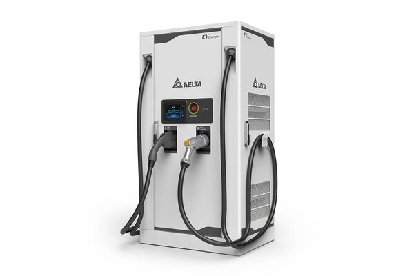 A Delta EVcharger DC rapid electric vehicle charging station with two tethered cables and a screen, shown on a white background