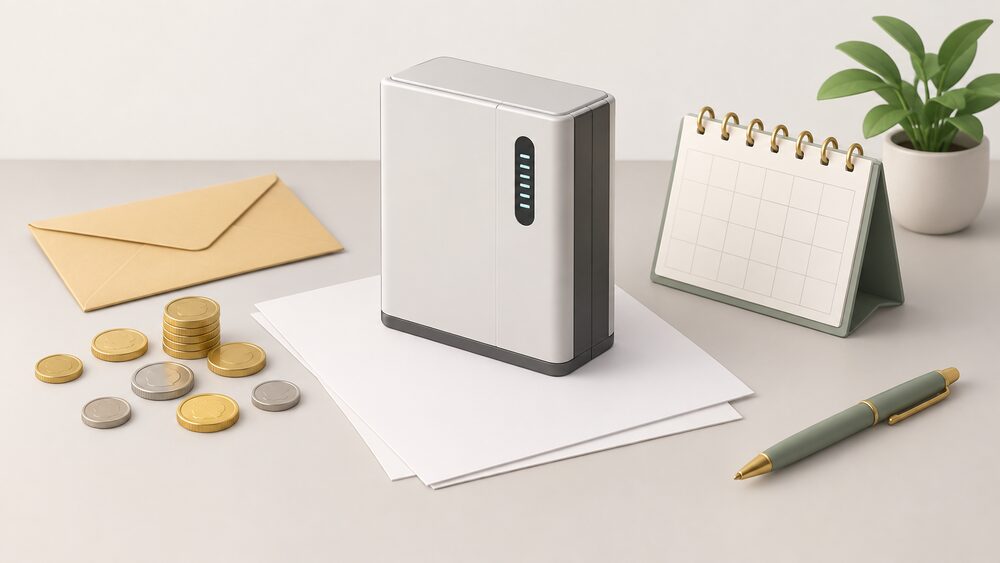 A small model of a home battery standing on blank paperwork beside a scatter of coins, a sealed envelope and a desk calendar, showing a deposit paid for a product that has not yet been delivered.