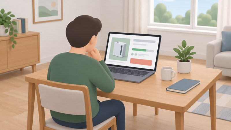 A householder sits at a table at home viewing a crowdfunding campaign page for a home battery on an open laptop, the screen showing plain colour blocks and blank lines where the target specification and target date would appear, with no delivered product in sight.
