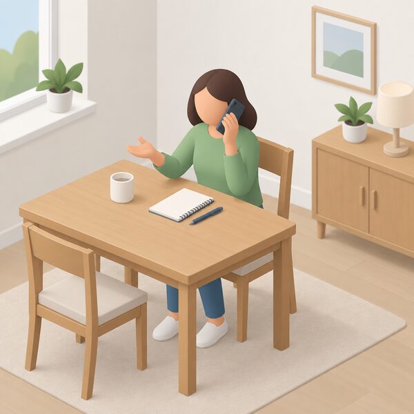 A simplified isometric householder seated at a table in a home, holding a mobile phone to their ear while making a complaint call, with a notepad and pen on the table beside them.