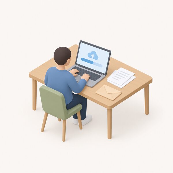 A simplified isometric figure sits at a table using a laptop, its screen turned away from the viewer so only blank colour blocks show, while uploading evidence documents for a complaint, with a few paper sheets and an envelope resting on the table beside the laptop.