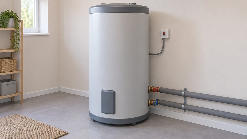 A tall, well-insulated solid heat storage boiler unit standing indoors in a home, shown close up as a single sealed appliance with no flue and no gas pipe, connected only to an electricity supply and to heating pipework at its base.