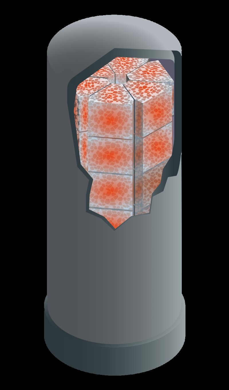 A cutaway illustration of a cylindrical heat storage unit revealing glowing red-orange heat cells inside