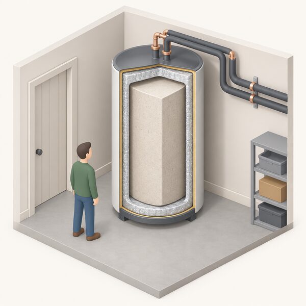A cutaway view of a large insulated heat storage unit standing in a home utility space, revealing its solid heat-storage core surrounded by a thick vacuum insulation layer, with a small isometric figure beside it for scale and heat extraction pipework leaving the casing.
