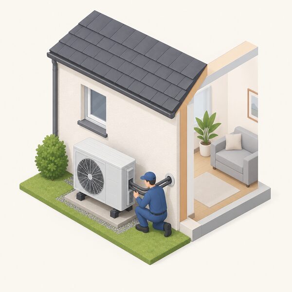 An air-source heat pump unit standing on the outside wall of a small house, with a simplified isometric figure of an installer working on the pipework connecting the unit through the wall into the home.