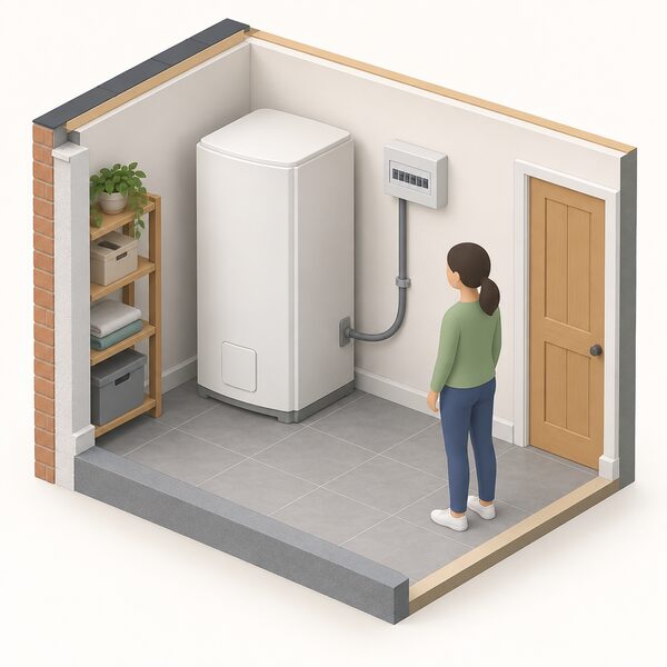 A cutaway home utility room showing a large domestic heat storage boiler standing where a gas boiler would be, connected by a cable to the household electricity supply, with no gas pipe or flue anywhere in the scene.