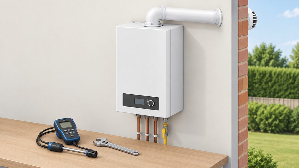 A close-up of a standard wall-mounted gas condensing boiler with its front casing in place, standing against an indoor wall with its flue passing through the external wall behind it, and a technician's spanner and gas analysis tools laid on a surface below it.