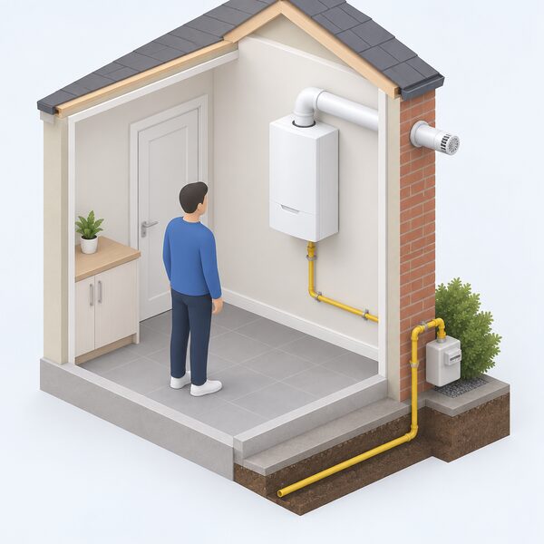 A wall-mounted hydrogen-ready boiler inside a home, connected by a gas pipe to the incoming main gas supply, with its horizontal flue pipe passing through the outside wall to terminate outdoors.