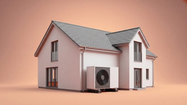 A 3D render of a modern house with an air source heat pump unit mounted on its exterior wall