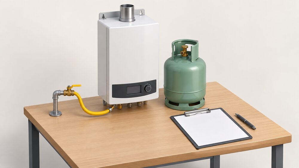 A small model of a wall-hung gas micro-CHP boiler unit stands on a table beside blank certification paperwork on a clipboard, with a gas pipe stub and a small LPG cylinder nearby, suggesting a product awaiting approval.